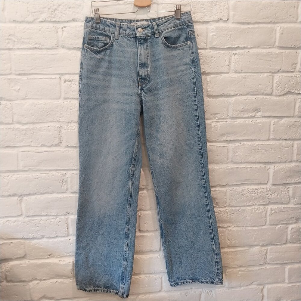 Zara High Waist Jeans Womens 8 Blue Wide Leg Whiskers Relaxed Faded Light Wash